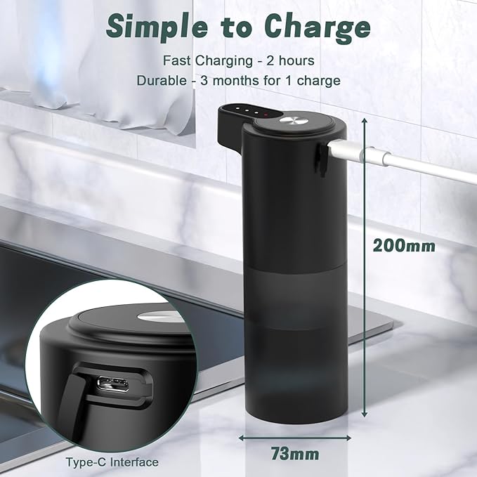 Automatic Dish Soap Dispenser for Kitchen Wall Mounted Touchless Liquid Soap Dispenser USB C Rechargeable for Hand for Bathroom IPX5 Waterproof, Matte Black