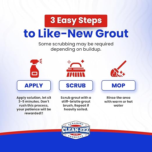 Clean-eez Grout-eez Tile Cleaner with Stand-Up Brush Head – 32 oz Heavy-Duty Stain Remover for Ceramic and Porcelain Floors – Safe for Colored Grout – Not for Natural Stone – Pole Not Included