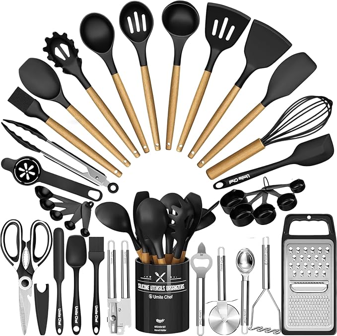 Kitchen Utensils Set- 34PCS Silicone Cooking Utensil with Holder, Umite Chef Heat Resistant Kitchen Spatula Set for Nonstick Cookware, Black Wooden Handles Kitchen Gadgets Tools Set