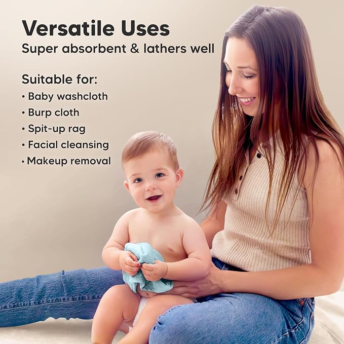 6-Pack Baby Washcloths – Soft Absorbent Viscose from Bamboo Washcloths for Face, Body, Baby Towels for Newborn, Kids, Toddlers, Infant, Gentle on Sensitive Skin, 10x10 Reusable Face Towels (Sky)