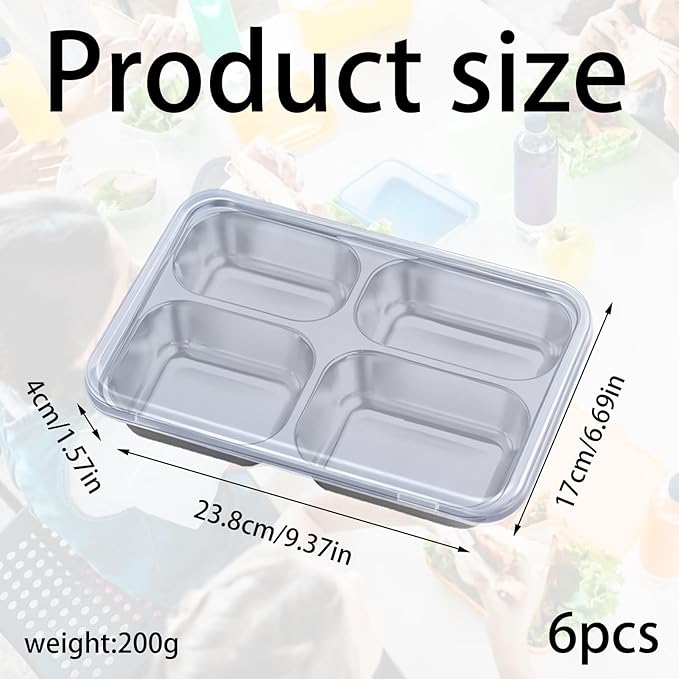 6Pcs Stainless Steel Snack Containers with Lids 4 Compartment Bento Box Stainless Steel Lunch Box for Adults Reusable Meal Prep Lunch Containers for Home Work Travel Party