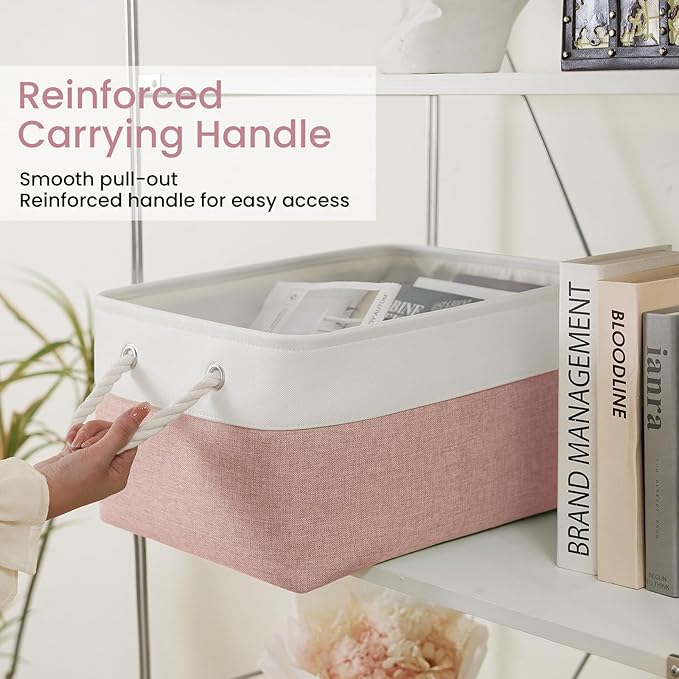 Large Storage Baskets- 15.7x11.8x8.26 inch Storage Bins for Shelves and Closet Organizing, Foldable Fabric Bin for Home Organization Clothes and Laundry (3-Pack, White&Pink)