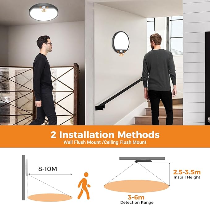 slochi 4Pack Motion Sensor Light Indoor Wired, 8.7 Inch 3000K/4000K/6500K Closet Lights Motion Sensored, 18W 1800LM Flush Mount Ceiling Light for Hallway Pantry Stairwell Porch, Black