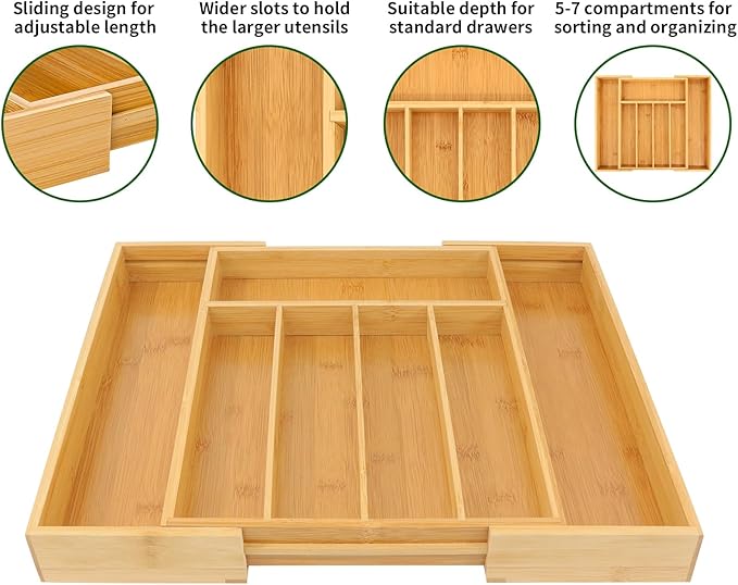 VaeFae Bamboo Drawer Organizer, Expandable Silverware Drawer Organizer, Cutlery Tray with Dividers for Kitchen Utensils, Medium