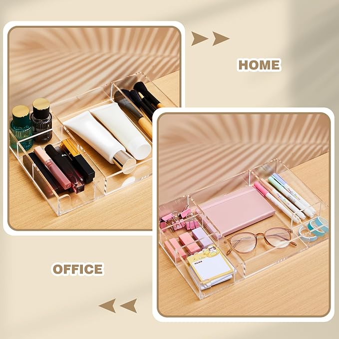 Briwooody Acrylic Drawer Organizer Clear Desk Drawer Organizer Trays with Adjustable Compartments Desk Accessories for Office Stationery Makeup