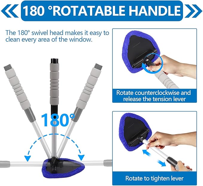 wuyaoyao Car Windshield Cleaning Tool, Car Windshield Window Cleaner, Auto Window Glass Cleaning Kit with Extendable Handle & Reusable Microfiber Pad & Spray Bottle, Universal Car Accessories (Blue)