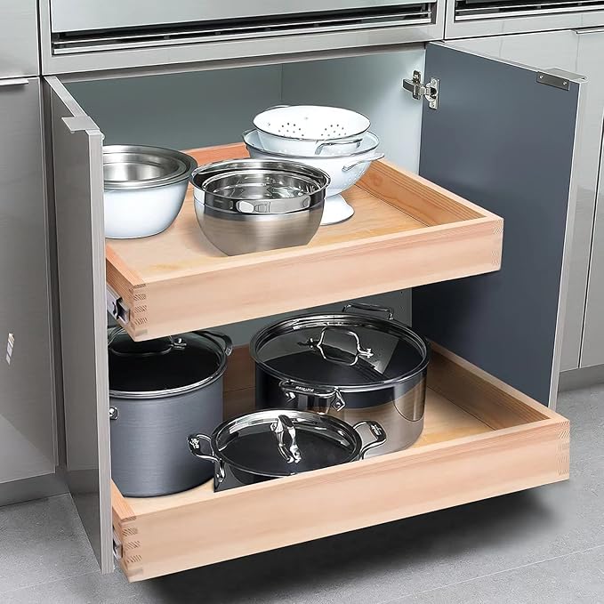 Mulush 32''W x 21''D x 3''H Pull Out Cabinet Drawer Soft Close Slide Out Wood Organizer for Kitchen, Finished, Bottom and Side Assembly (Wood Drawer Part Width is 31inch)