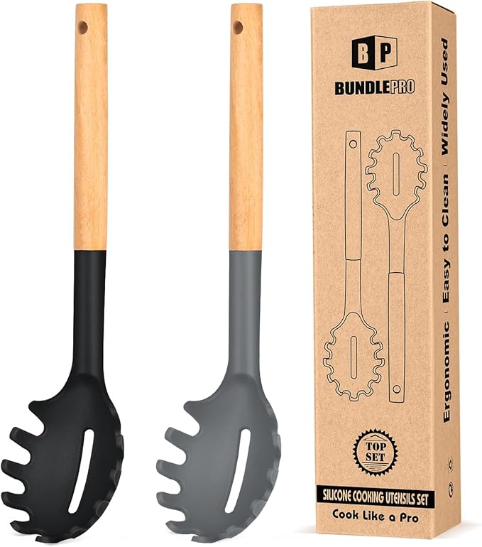 Pack of 2 Spaghetti Spoon, Silicone Pasta Fork with Wooden Handle, Heat Resistant Noodle Spoon Server, BPA Free Spaghetti Strainer(BLACK-GRAY)