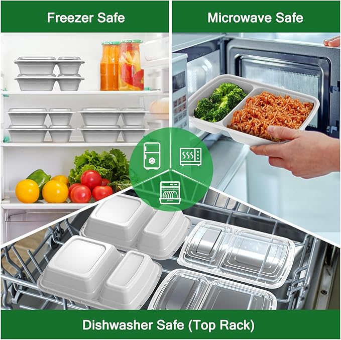 Dealusy 50 Pack (100-Piece) 28 oz Meal Prep Containers Reusable with Lids 2-Compartment, Sturdy Leakproof Food Safe, Microwave Freezer Dishwasher Safe