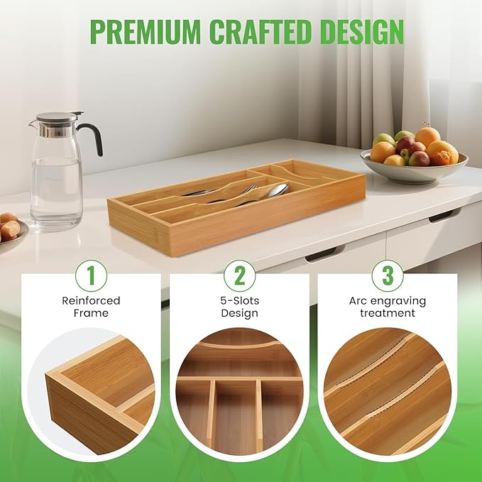 Small Silverware Organizer, Bamboo Kitchen Drawer Cutlery Organizer
