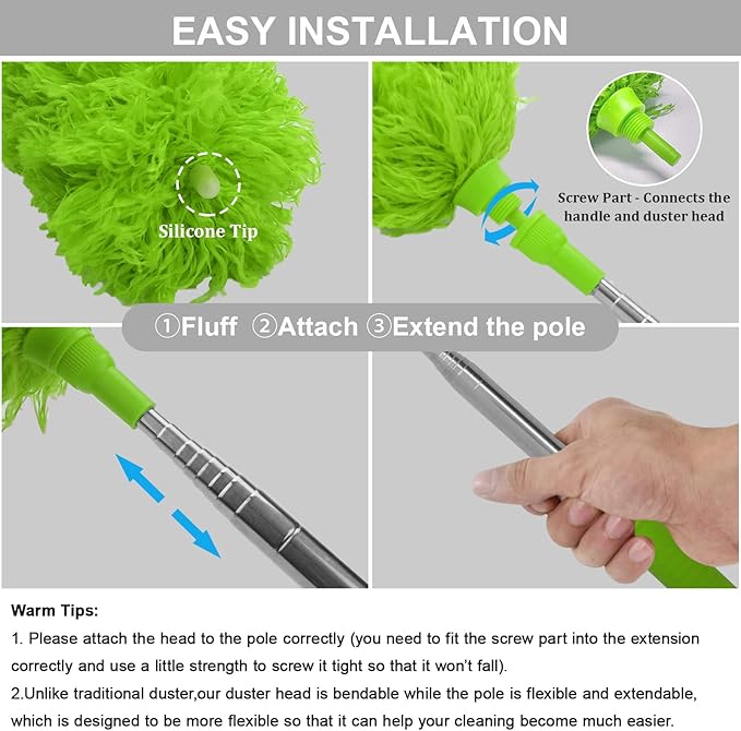 DELUX Microfiber Feather Duster Extendable Duster with 100 inches Extra Long Pole, Bendable Head & Long Handle Dusters for Cleaning Ceiling Fan, High Ceiling, Blinds, Furniture & Cars Green