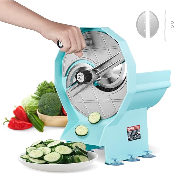 VEVOR Manual Vegetable Fruit Slicer, 0-0.5"/0-12mm Thickness Adjustable Commercial Slicer Machine, Double Feed Ports, Stainless Steel Blade Food Cutter Slicing Machine for Cucumber, Lemon, Tomato