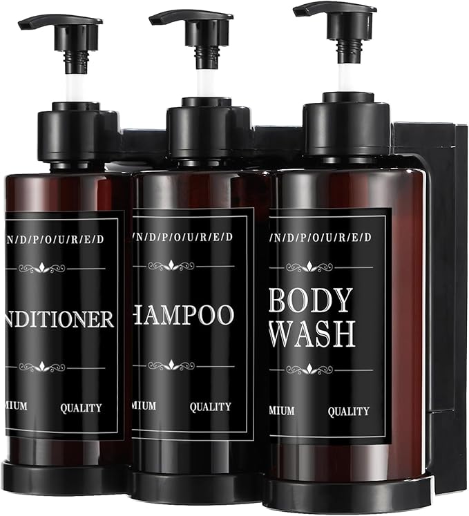 Shampoo and Conditioner Dispenser for Shower Wall, Body Wash Dispenser with 5 Waterproof Labels, No-Drill Wall Mounted Shower Soap Dispenser for Bathroom Decor Upgrade - Brown 3 Chamber