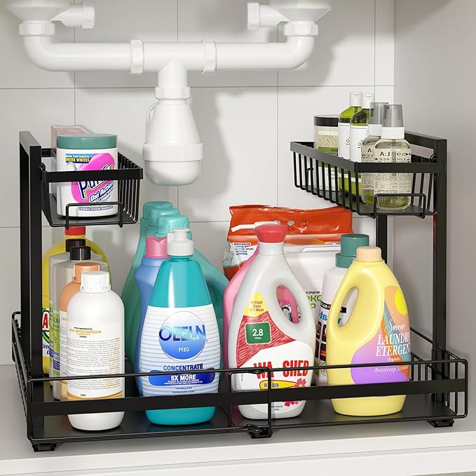 Expandable Under Sink Organizer 2-Tier Black Metal Storage Shelf
