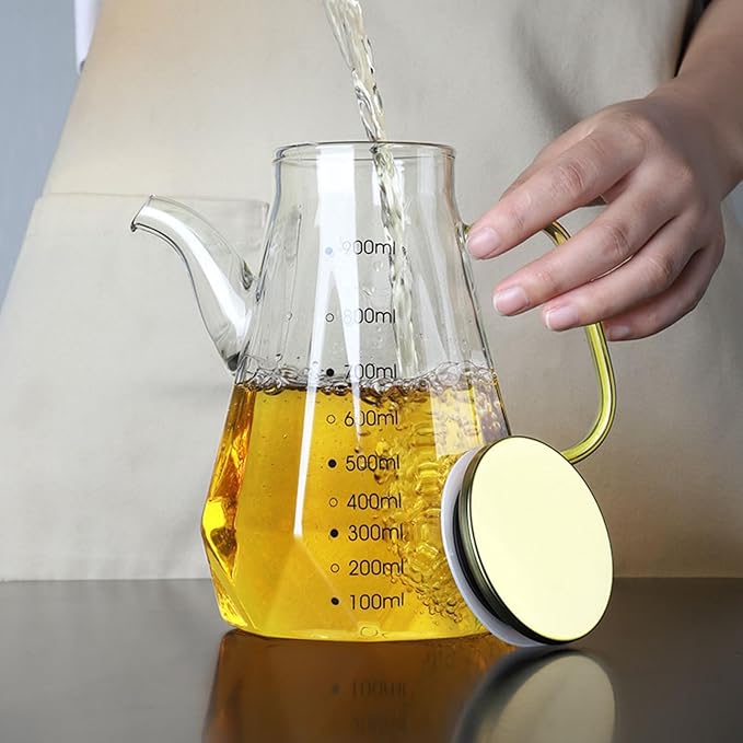 Glass Oil Dispenser Bottle - Glass Olive Oil Bottle for Kitchen, Wide Mouth Borosilicate Glass Cooking Oil Bottles with Lid and Handle (900ML)