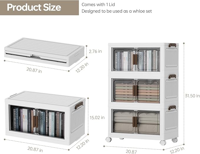 198 QT/50 GAL 3 Tier Stackable Plastic Storage Bins with Lids, Collapsible Closet Organizer, Lockable Folding Storage Containers with Doors and Wheels for Closets, Office
