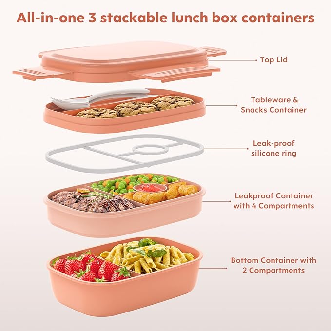HOMETALL Bento Box Adult Lunch Box,3 Stackable Bento Lunch Containers for Adults/Kids, Modern Minimalist Design Bento Box with Utensil Set