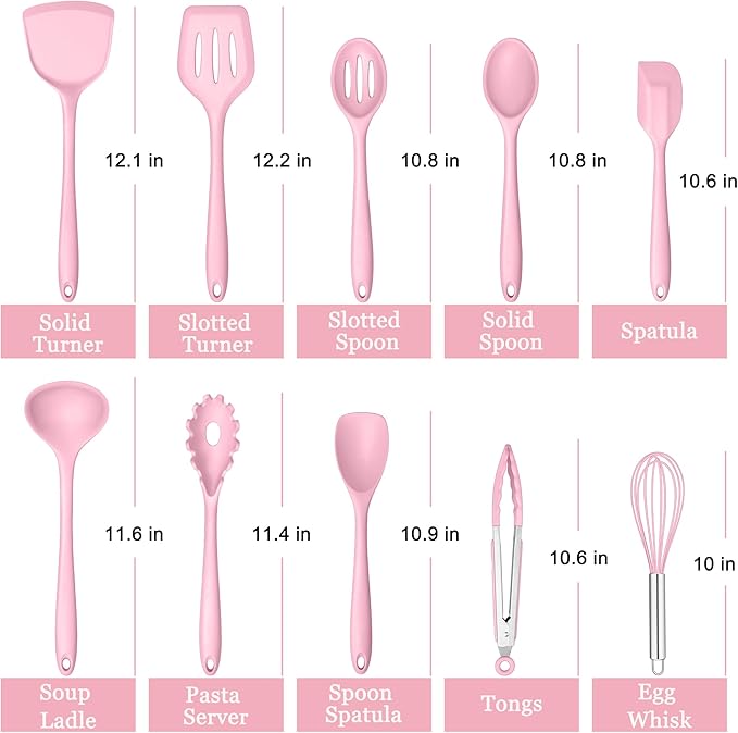 E-far Pink Silicone Cooking Utensils Set, 10-Piece Kitchen Utensil Set for Nonstick Cookware, Silicone Kitchen Tools with Spatula Turner Spoon Tongs Whisk, Heat Resistant & Non-Toxic, Dishwasher Safe