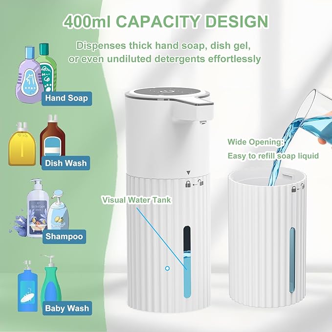 Automatic Soap Dispenser, Continuous Flow Control 400ml Large Capacity Rechargeable Waterproof Adjustable Volume Soap Dispenser for Bathroom & Kitchen(Foam)