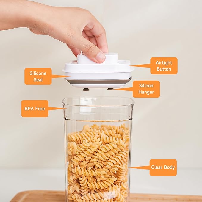 Pop Top Food Storage Container Set | 4Pcs Airtight Cereal Storage Organizer Canisters with Pop Lids, BPA-Free, Vacuum Seal & One-button Opening, Stackable Dry Food Storage(1.9qt*2,0.8qt,1qt