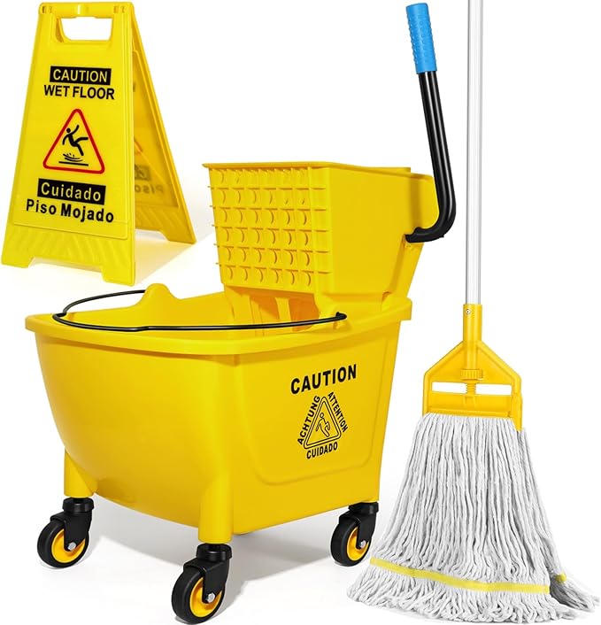 35 Qt Commercial Mop Bucket with Side Press Wringer on Wheels,Heavy Duty Industrial Mop and Bucket Set for Floor Cleaning,Including 1 Wet Floor Caution Sign for Household and Business,Yellow