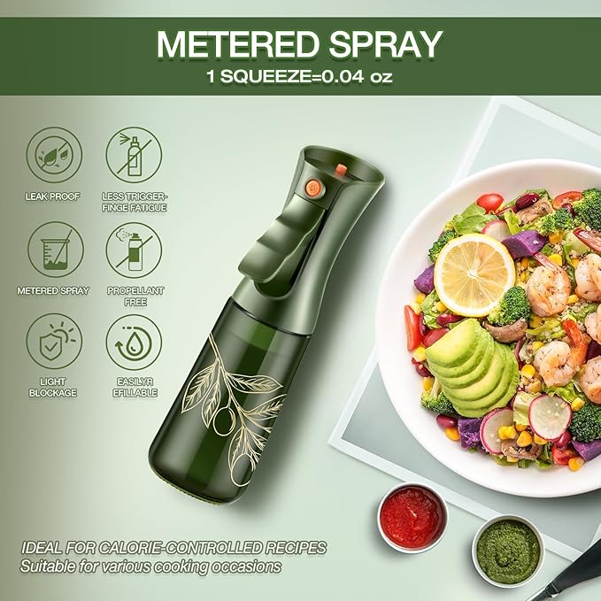 Glass Olive Oil Sprayer for Cooking, Oil Mister Continuous Cooking Spray with Portion Control for Kitchen 220ml/7.5 oz (Olive Green & Gold Print)