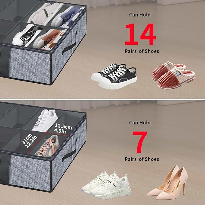 Under Bed Shoe Storage Organizers for Kids and Adults Fit 14 Pairs of Shoes & 4