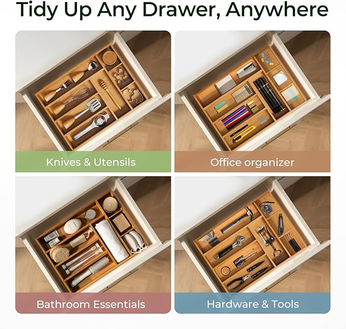 Carbonized Bamboo Kitchen Drawer Organizer, 8 Slots Silverware Organizer