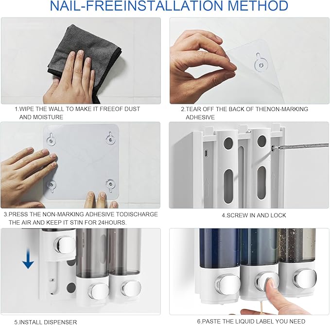 Shampoo and Conditioner Dispenser Shower Soap Dispenser Shampoo Dispenser Body Wash Dispenser for Bathroom,Large Capacity, White Silver