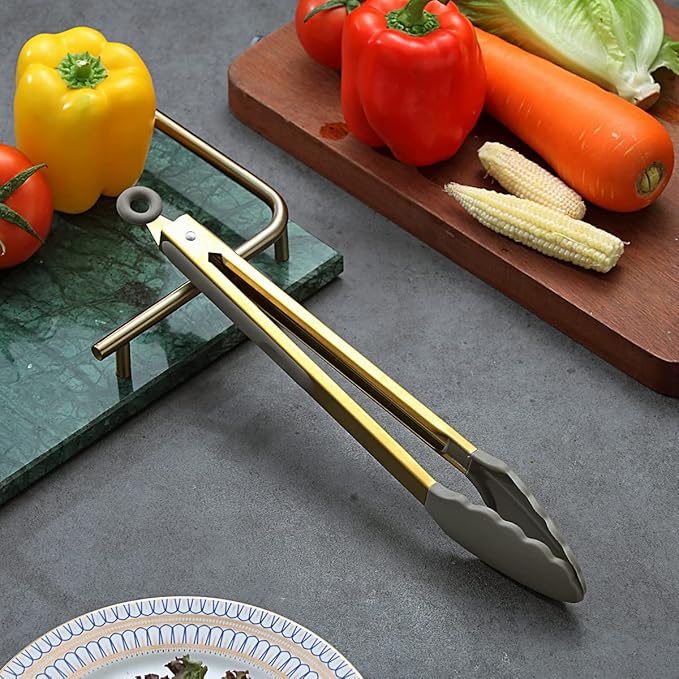 Gold Cooking Tongs, Berglander Heavy Duty Food Tongs For Cooking With Silicone Tips And Titanium Gold Plating Handle, Kitchen Tongs, Grill Tongs, Dishwasher Safe, Easy to Clean