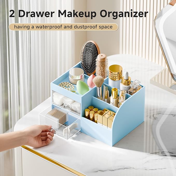 Makeup Organizer with 2 Drawers, Blue