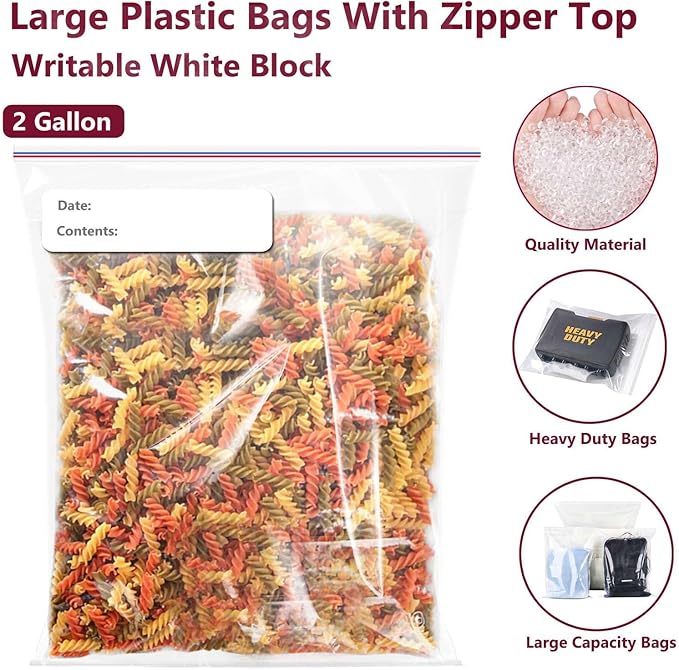 Large Plastic Bags With Zipper Top and Writable White Block, 2 Gallon, 13x15in