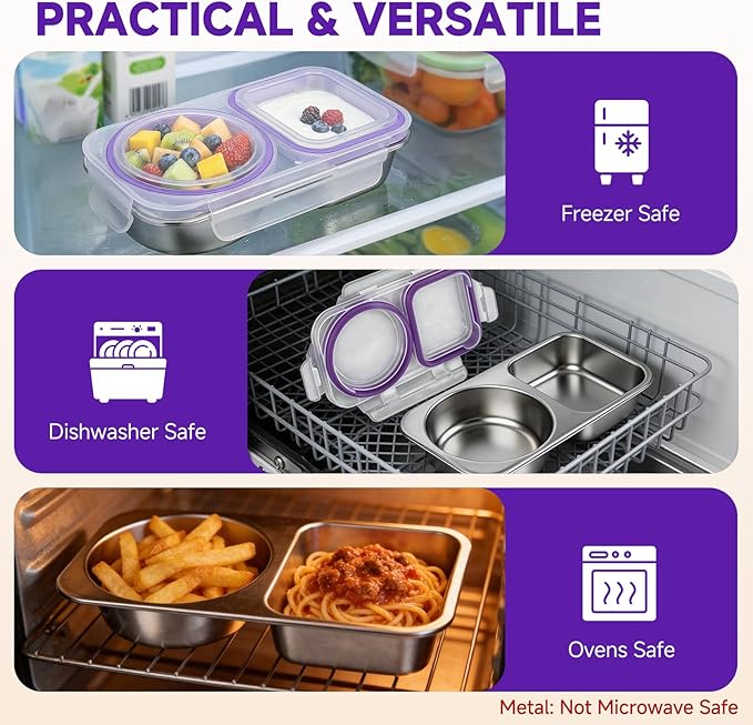 Stainless Steel Snack Containers with Lid, Reusable 2 Compartment Snack Box Leak-Proof Food Storage Container, 13 Oz BPA-Free Metal Bento Lunch Box for Home, Travel, Picnic (1 Pack, Purple)