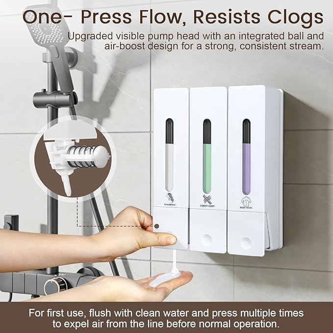 3 Chamber Shampoo and Conditioner Dispenser, No Drill - Wall Mounted Shower Soap Dispenser, Refillable Body Wash Dispenser Set 3, 1200ML Capacity, for Bathroom & Hotel, White