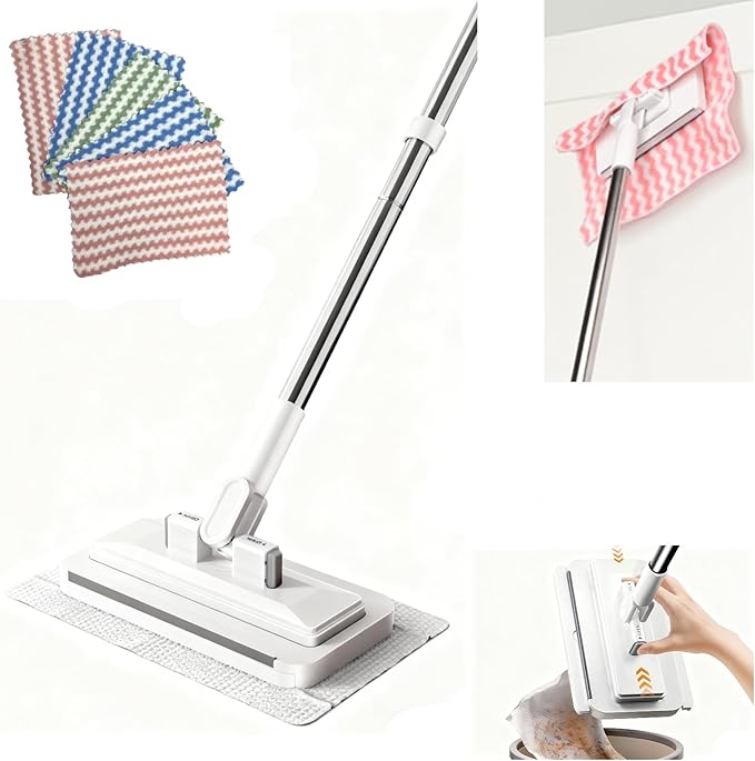 Press Grip Mini Mop with 39 inches Handle — Press Lock Small Mop Head, One-Click Release Zero-Touch Gap Cleaner, Includes 5 Reusable Cloths for Multi-Surface Quick Cleaning