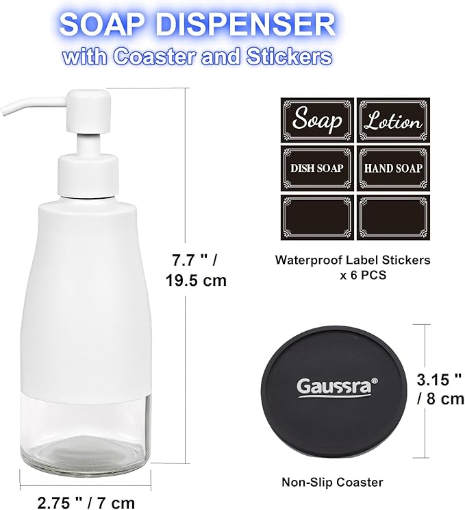 Gaussra White Soap Dispenser with Coaster and Stickers, Stainless Steel and Glass Bottle Hand Pump Dispenser, Refillable Liquid Hand Soap Dispenser for Bathroom & Kitchen (11OZ / 320ML)