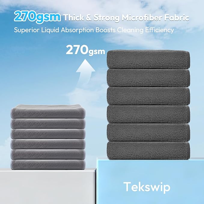Microfiber Cleaning Cloth 12 Pack - 12x12 Inch Grey Microfiber Towels for Cars - Super Absorbent Lint Free Streak Free Microfiber Rags for Washing, Polishing, Buffing and Drying
