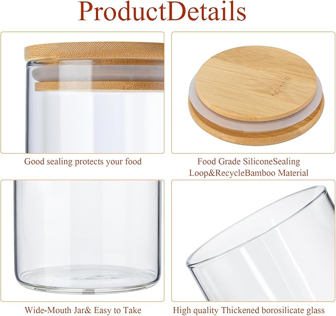 Qinyoung Glass Storage Jars with Wooden Lids, 4 Sizes Food Storage Containers Clear Stackable Canisters Airtight Glass Jars for Candy Cookie (Clear