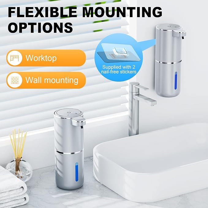 Automatic Foaming Soap Dispenser,Type-C Rechargeable Smart Hand Soap Dispenser,4-Level Adjustable, 13.5oz/380ml IPX5 Waterproof Wall Mounted for Bathroom Kitchen Dish Soap