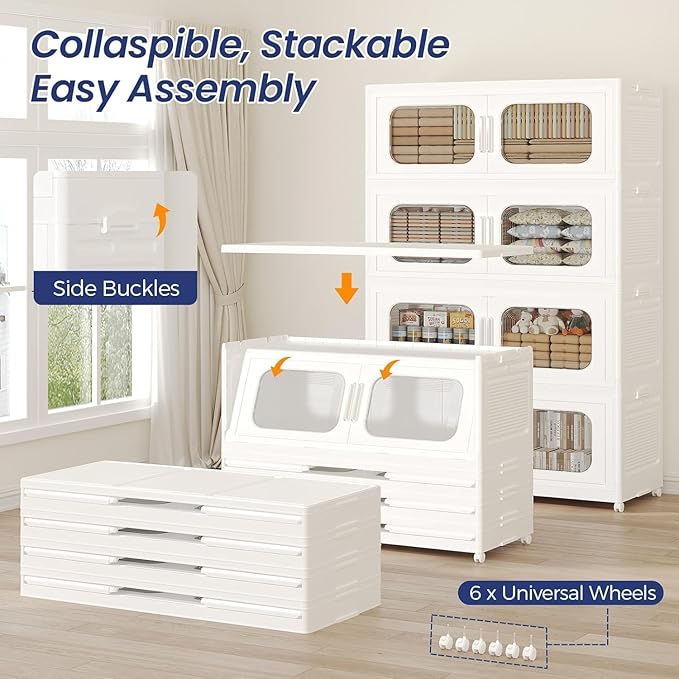 250GAL Extra Large Storage Bins with Lid, 1000QT Storage Bins with Wheels, Folding Closet Organizer, Stackable Collapsible Plastic Storage Containers for Home, Office, Kitchen, 5Pack White