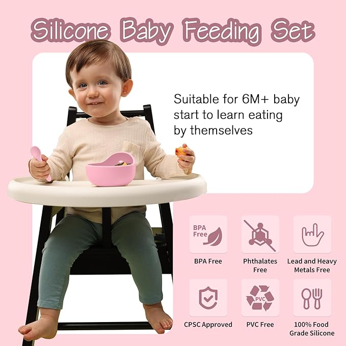 Baby Led Weaning Supplies, 8 Piece BPA-Free Silicone Feeding Set, Silicone Suction Bowl, Forks & Spoons, Bib & Cup, Develops Self Feeding Skills