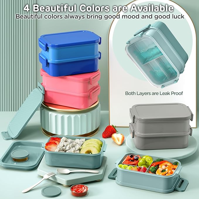 DaCool Lunch Box Adults Bento Box 74 OZ All-in-One Stackable Lunch Box Containers for Adult Large Bento Box with Fork Spoon Sauce Boxes