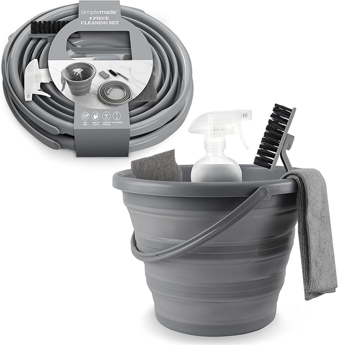 SIMPLEMADE Collapsible Bucket Cleaning Set - Includes 2 Foldable Buckets, Spray Bottle, Rag, Scrubbing Brush and Sponge - Holds Up to 10 liters, Easy Storage, All-Purpose Cleaning Solution