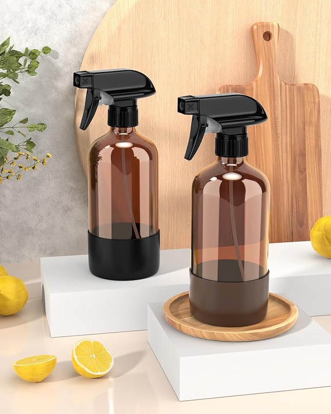 Bontip Glass Spray Bottle with Silicone Sleeve Protection, Amber Glass Spray Bottle Set for Window Cleaner Aromatherapy Facial Hydration Watering Flowers Hair Care 2 Pack/16 oz (Black & Brown)