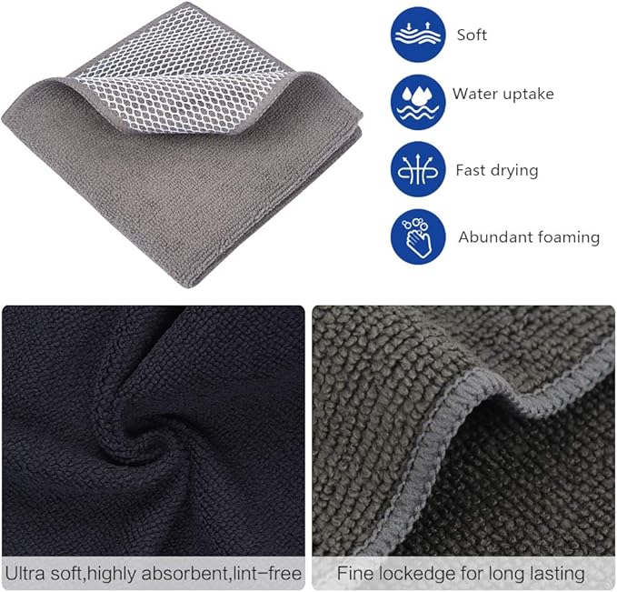 SINLAND Microfiber Dish Cloth for Wshing Dishes Dish Washing Rags Best Kitchen Washcloth Cleaning Cloths Poly Scour Side 12inchx12inch 5 Color Assorted 10 Pack