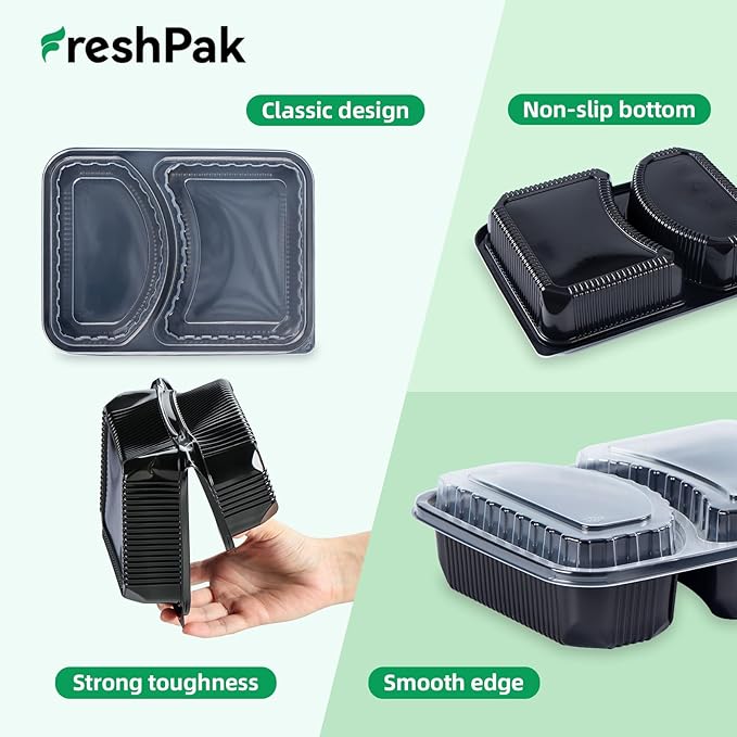 Takeout Containers Reusable 40 Pack 40oz - Shrink Wrap Leakproof | Portion Control Leftovers Plastic Container with Lid | BPA Free Freezer & Microwave Safe Meal Prep | 2 Compartment Lunch Box