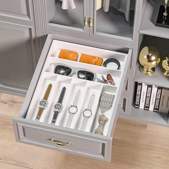 Utensil Organizer Silverware Drawer Organizer - 7 Slots Bamboo Cutlery Organizer Multi-Purpose Silverware Divider for Kitchen Flatware, Hair Accessories, Repair Tools, Art Set W13”x L17” (White)