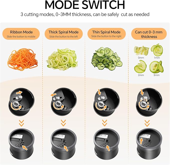 4 in 1 Vegetable Spiralizer Slicer, Adjustable Thickness 0-3mm, Zucchini Spiralizer Veggie Noodle Maker for Cucumber/Zoodle/Salad/Spaghetti/Pasta with Food Container, Cleaning Brush, Gray