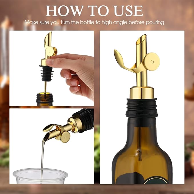 Kinlop 6 Pcs Weighted Stainless Steel Liquor Bottle Pourers Auto Flip Olive Oil Dispenser Spout Balsamic Alcohol Pourer Spouts (Gold)