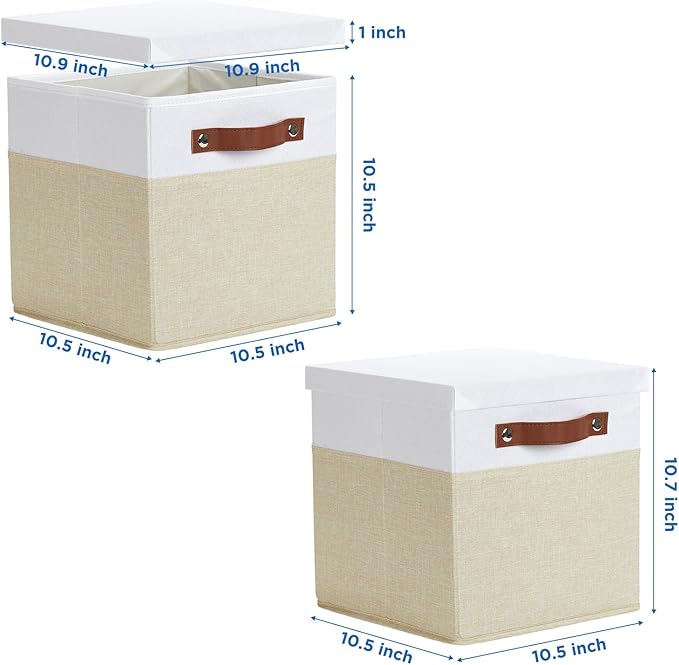 Foldable Fabric Storage Bins with Lids, White&Khaki, 10.5x10.5x10.5in